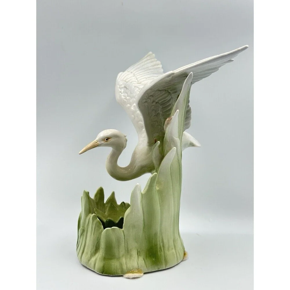 Vintage Fitz & Floyd Egret Heron Candleholder 1986 Porcelain Reeds & Cattails